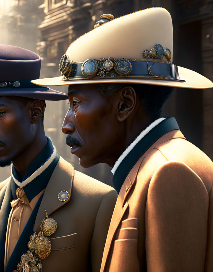 Steampunk-inspired military uniforms on two animated men with medals and ornate hats