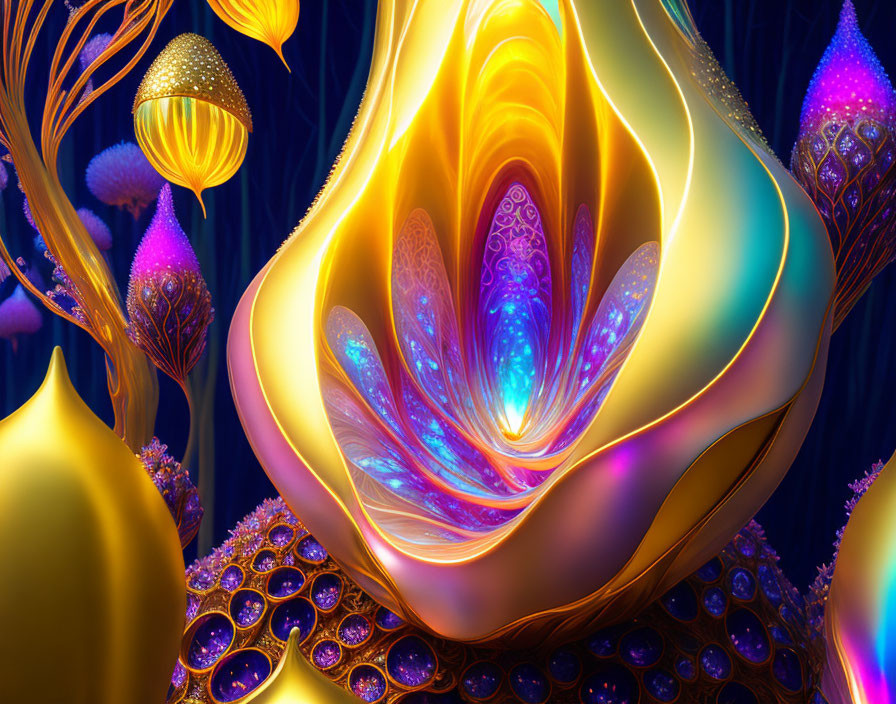 Abstract Glowing Form Surrounded by Illuminated Plant-like Elements