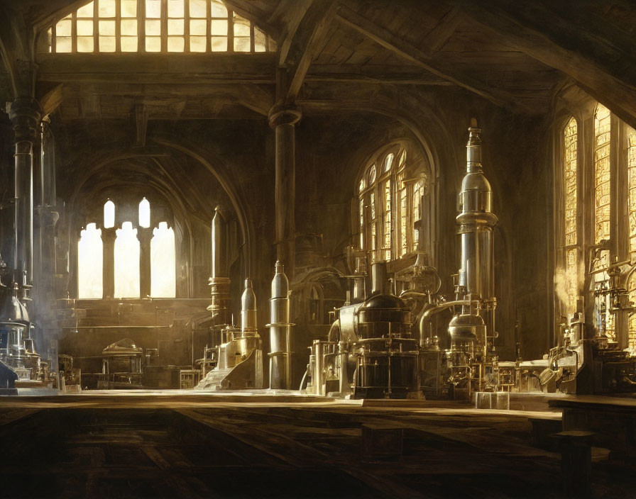 Medieval-style hall with stone pillars and alchemist's laboratory machinery.