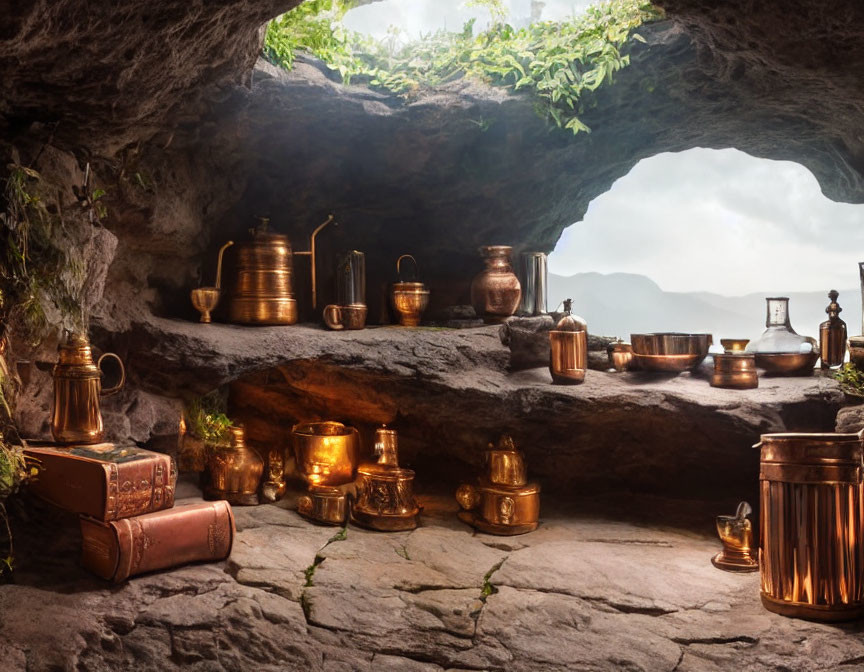 Rustic cave with antique copper pots and utensils