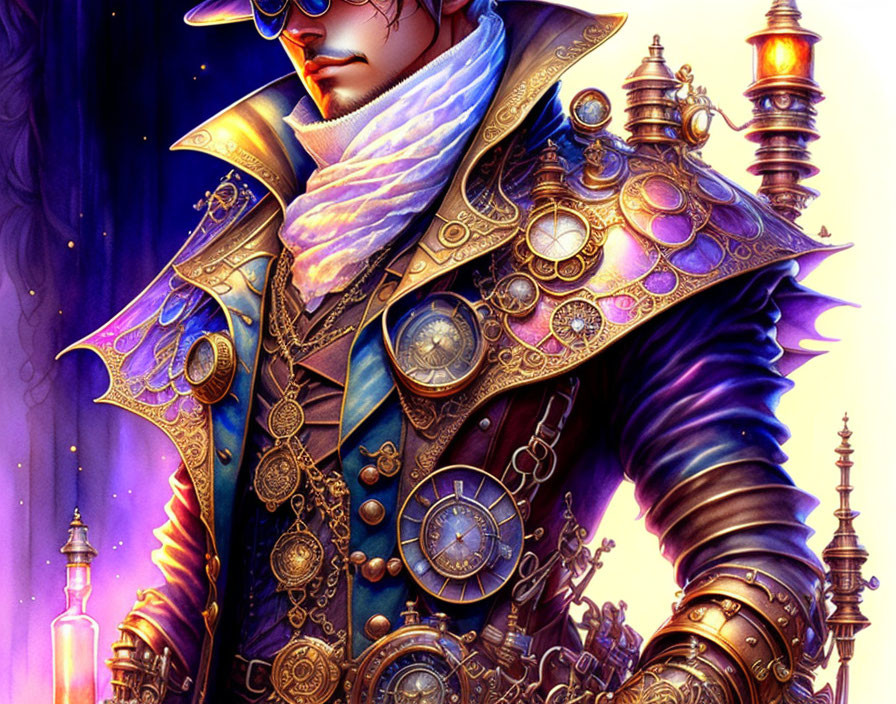 Steampunk-inspired male figure in ornate outfit