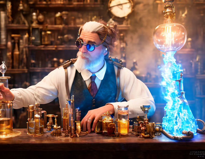 Elderly man in alchemist's workshop with white hair and goggles