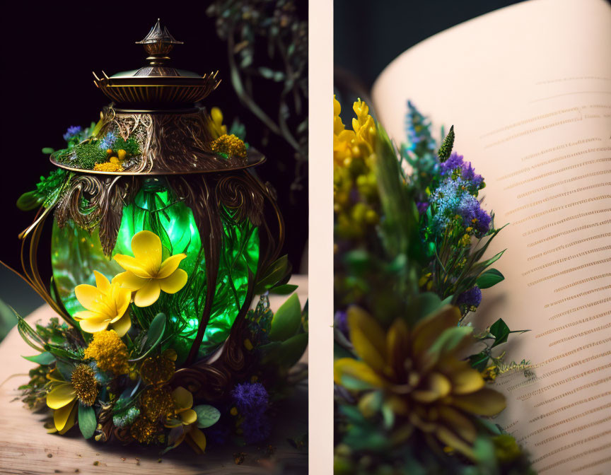 Ornate lantern with green glow, open book, and vibrant flowers