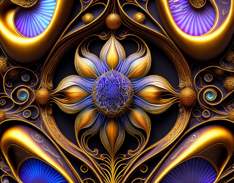 Intricate Fractal Design with Gold and Blue Flower Pattern