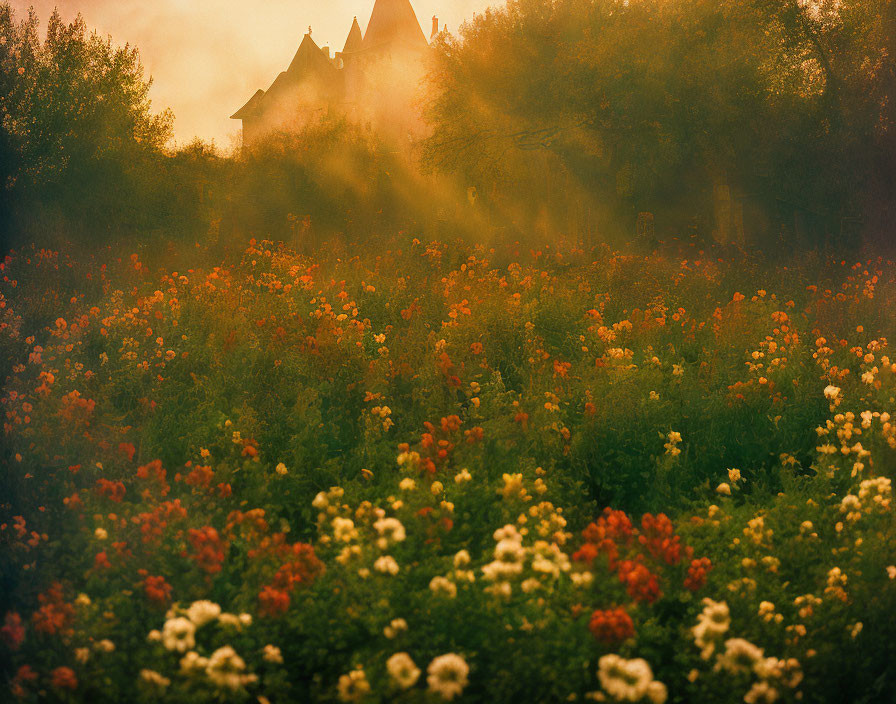 Lush red and yellow flower field with misty glow and distant house.