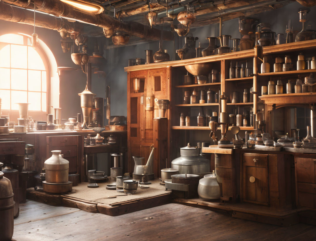 Vintage Laboratory with Wooden Furniture and Glassware in Warm Natural Light