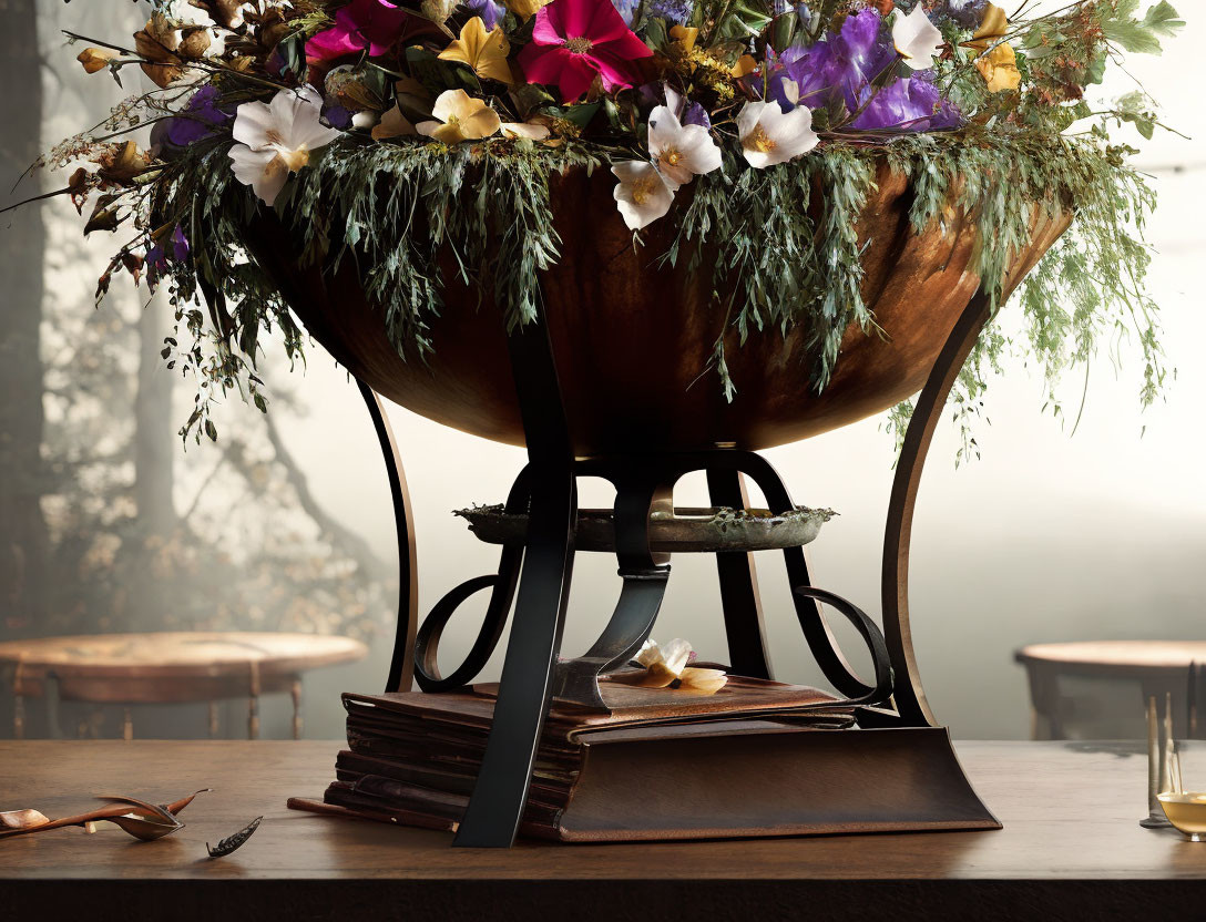 Lush bouquet in wooden bowl with books, glasses, feathers, foggy forest.