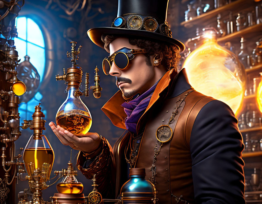 Victorian-era man in top hat and goggles with glowing potion and scientific apparatus