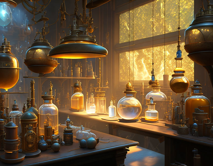 Alchemy laboratory with glowing potions and glassware