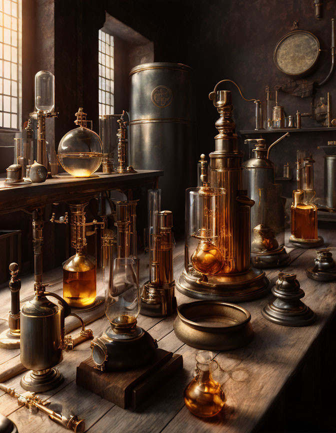 Vintage Chemistry Lab with Glassware and Distillation Apparatuses