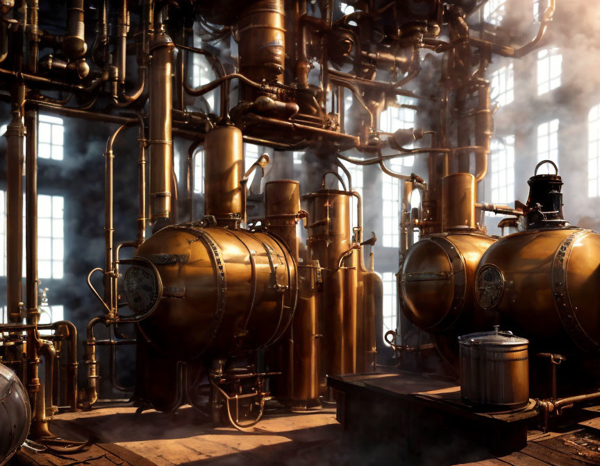 Industrial room with brass pipes and pressure vessels in sunlight glow