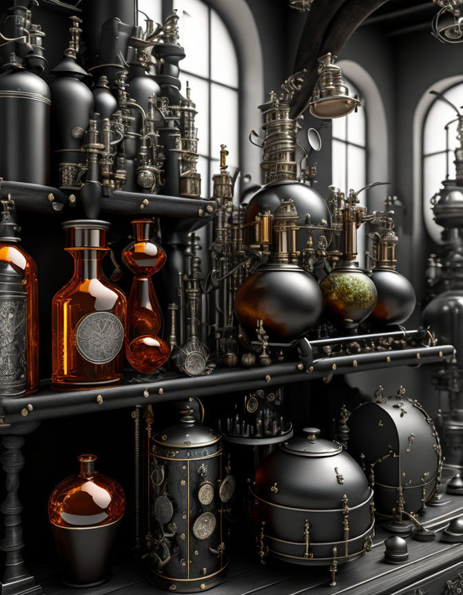 Steampunk-inspired laboratory setup with metallic containers, glassware, and machinery