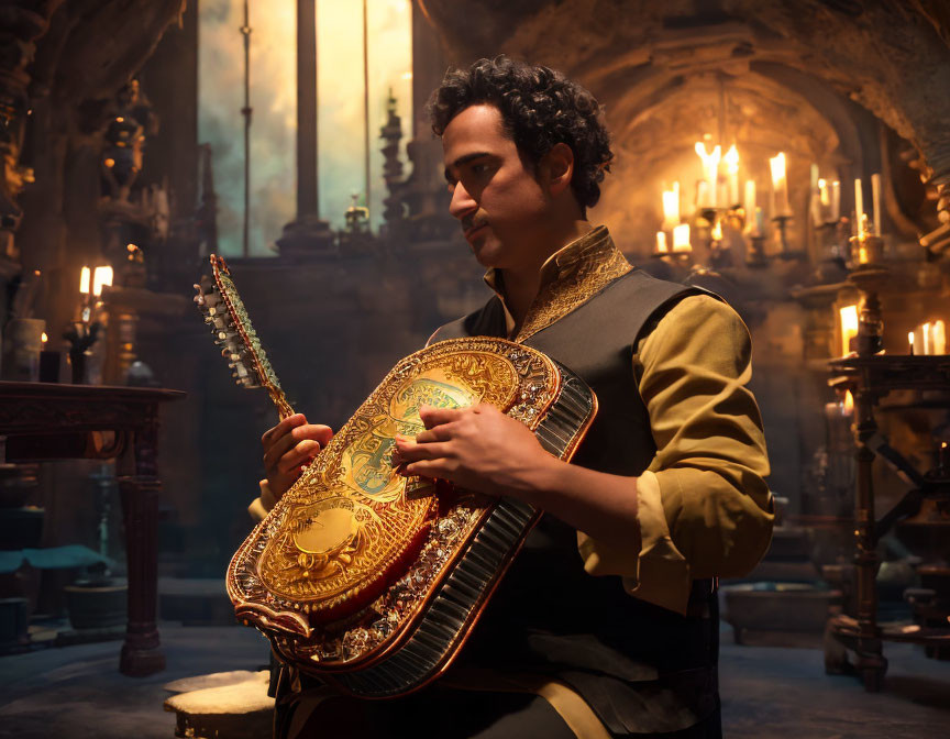 Traditional stringed instrument performance in ornate candlelit room