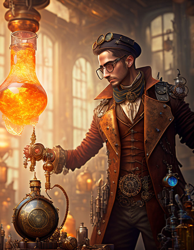 Steampunk-themed image of man with goggles holding lit bulb amid vintage machinery