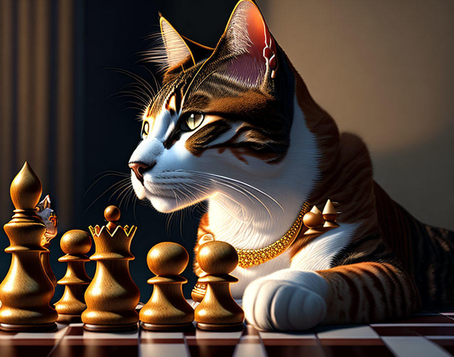 Majestic Cat Beside Chessboard with Golden Pieces