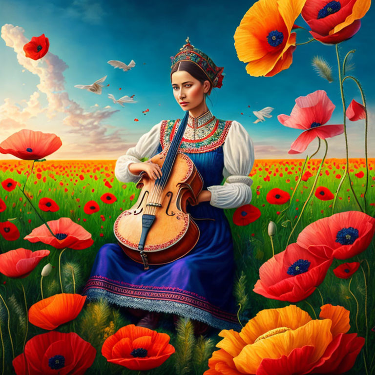 Woman in traditional attire with violin in vibrant poppy field and birds in flight under surreal blue sky.