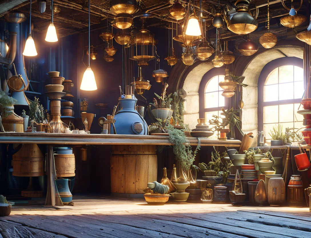 Vintage kitchen decor with brass lamps, pottery, plants, blue kettle, and wooden furniture in warm sunlight