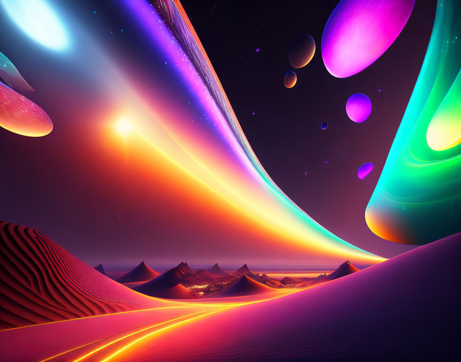 Colorful sci-fi landscape with sand dunes and celestial bodies