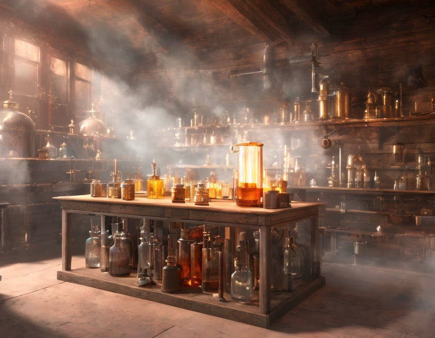 Mystical dimly lit laboratory with glowing bottles and alchemical apparatus