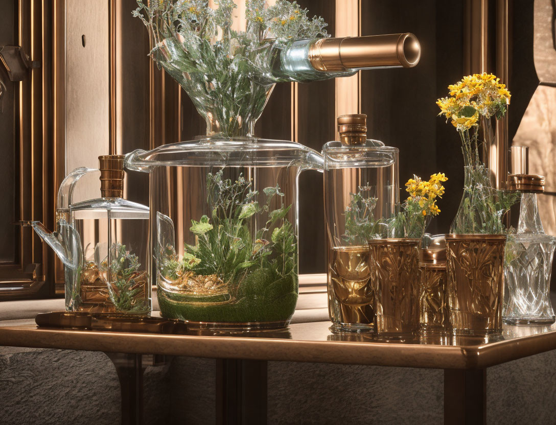 Glass terrariums with plants, brass detailing, and telescope on wooden surface