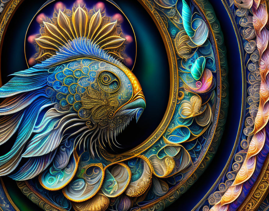 Colorful Fractal Art: Stylized Bird with Metallic Textures