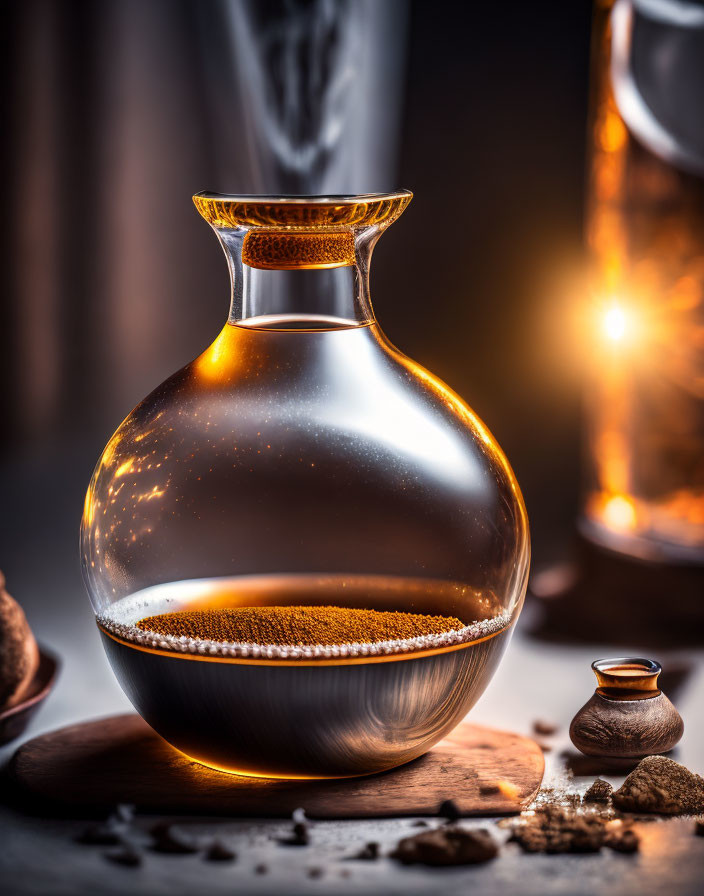 Round Glass Decanter with Amber Liquid and Soft Backlighting