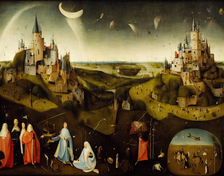 Medieval landscape with castles, hills, knights, and celestial events.