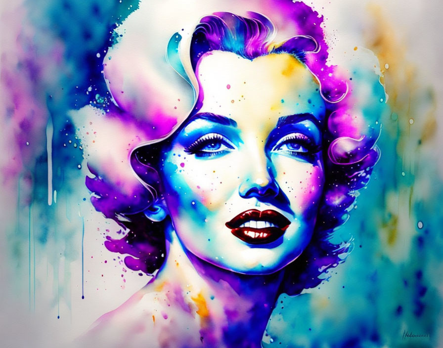 Colorful watercolor portrait of a stylized woman with flowing hair.