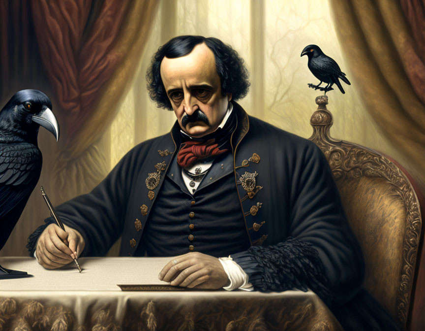 Classic themed painting of stern man writing at desk with raven.