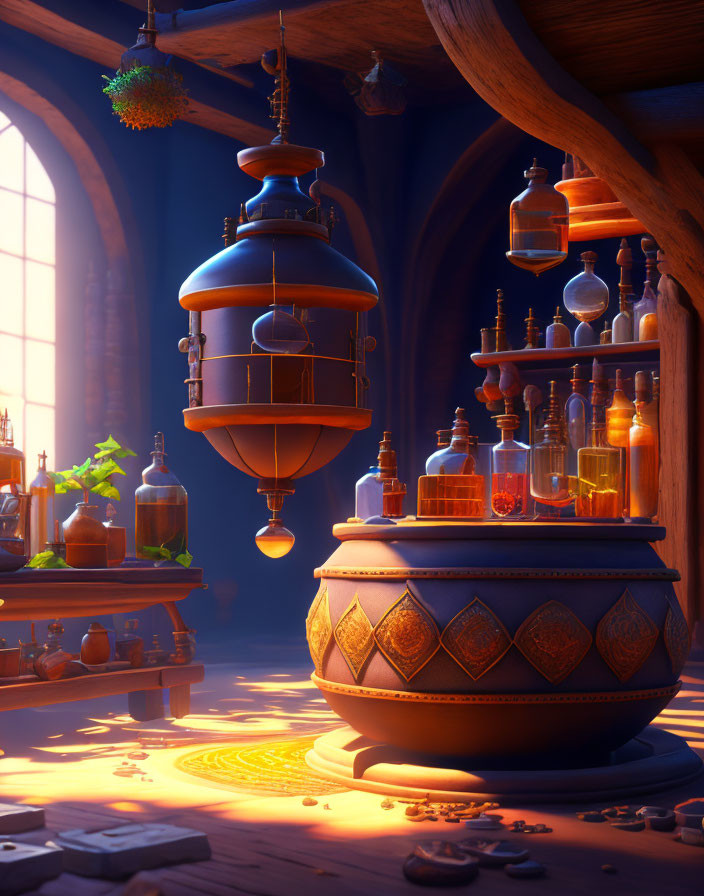 Magical alchemist's workshop with glowing bottles and cauldron