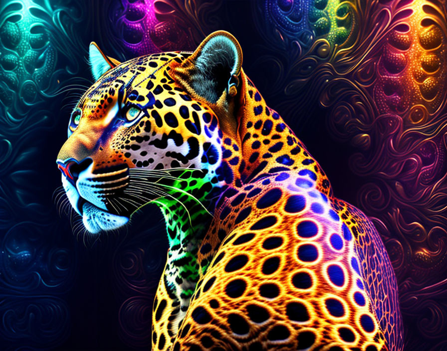 Colorful Leopard Artwork with Neon Colors on Dark Background