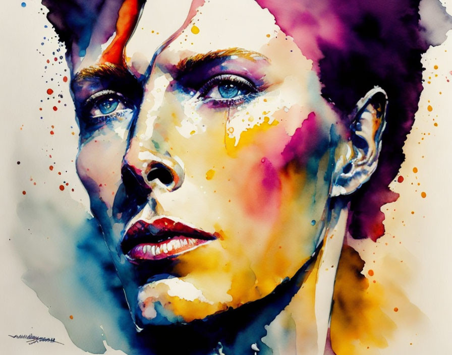 Colorful Watercolor Portrait with Purple, Yellow, and Red Splashes