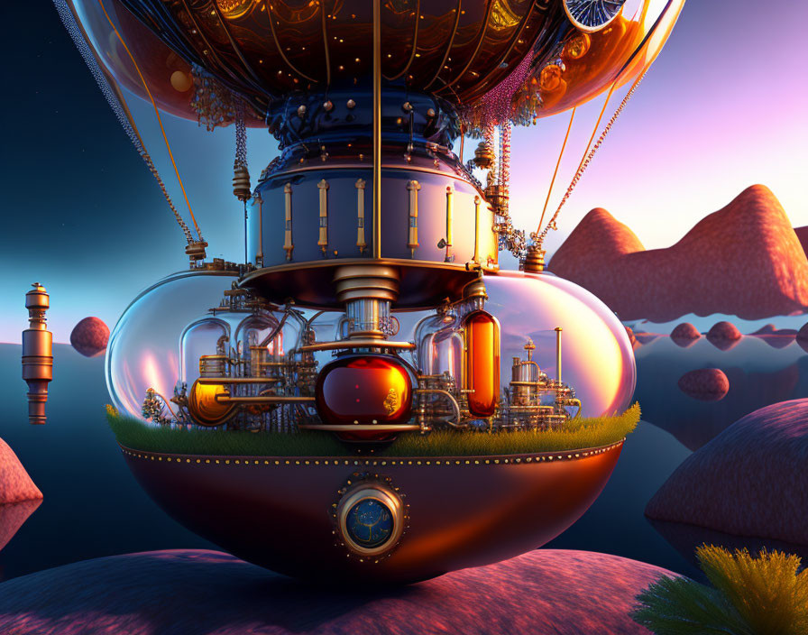 Elaborate fantastical airship over surreal twilight landscape