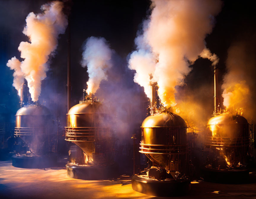 Four large illuminated copper stills emitting steam on dark background