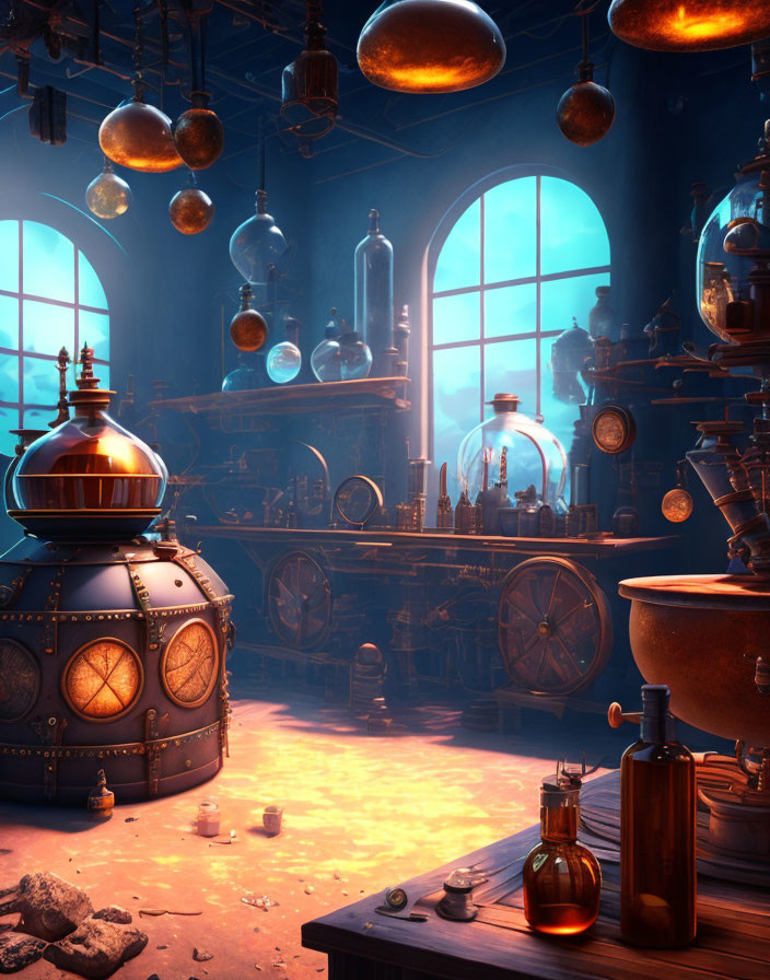 Steampunk laboratory with glassware, orbs, and machinery in warm light