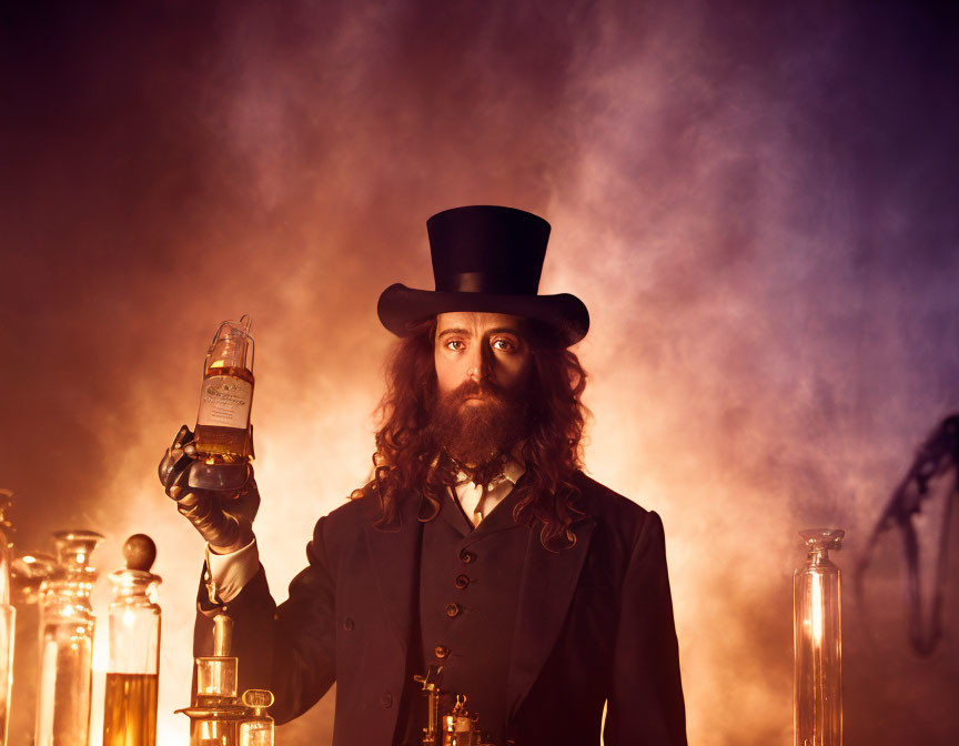 Bearded man in top hat with bottle in misty alchemist setting