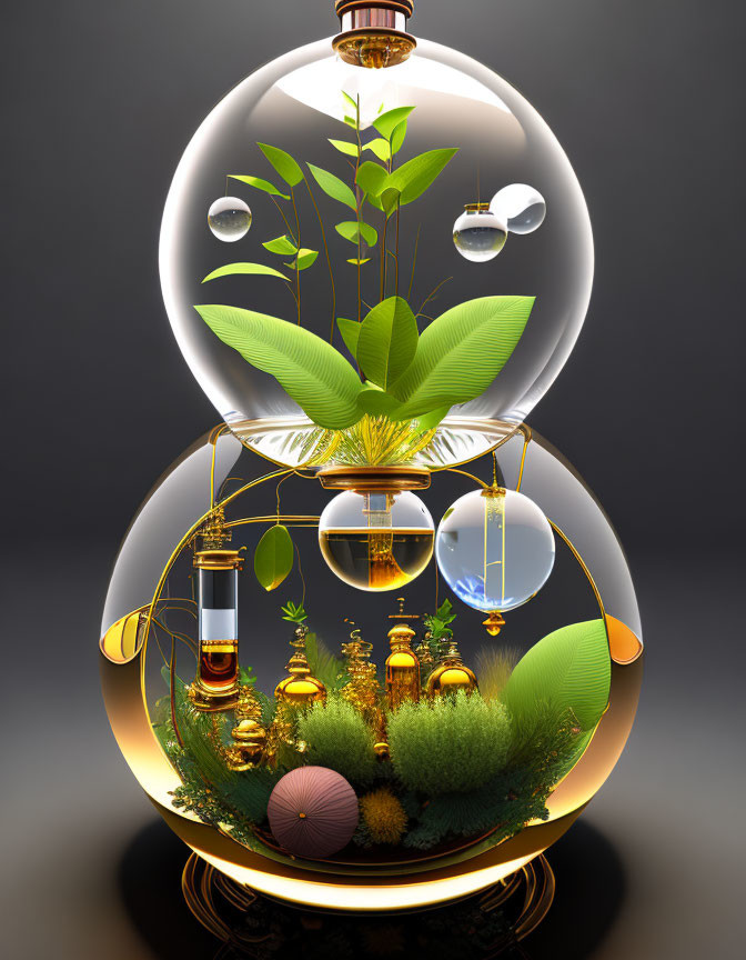 Terrarium digital art: Plants, orbs, gold details on dark backdrop