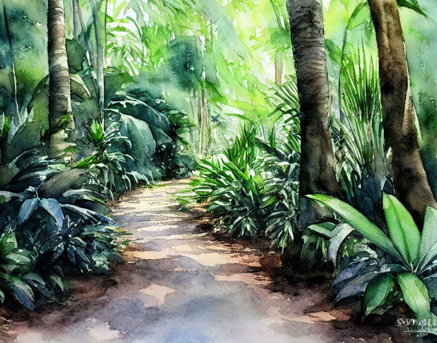 Tranquil forest path painting with lush green foliage