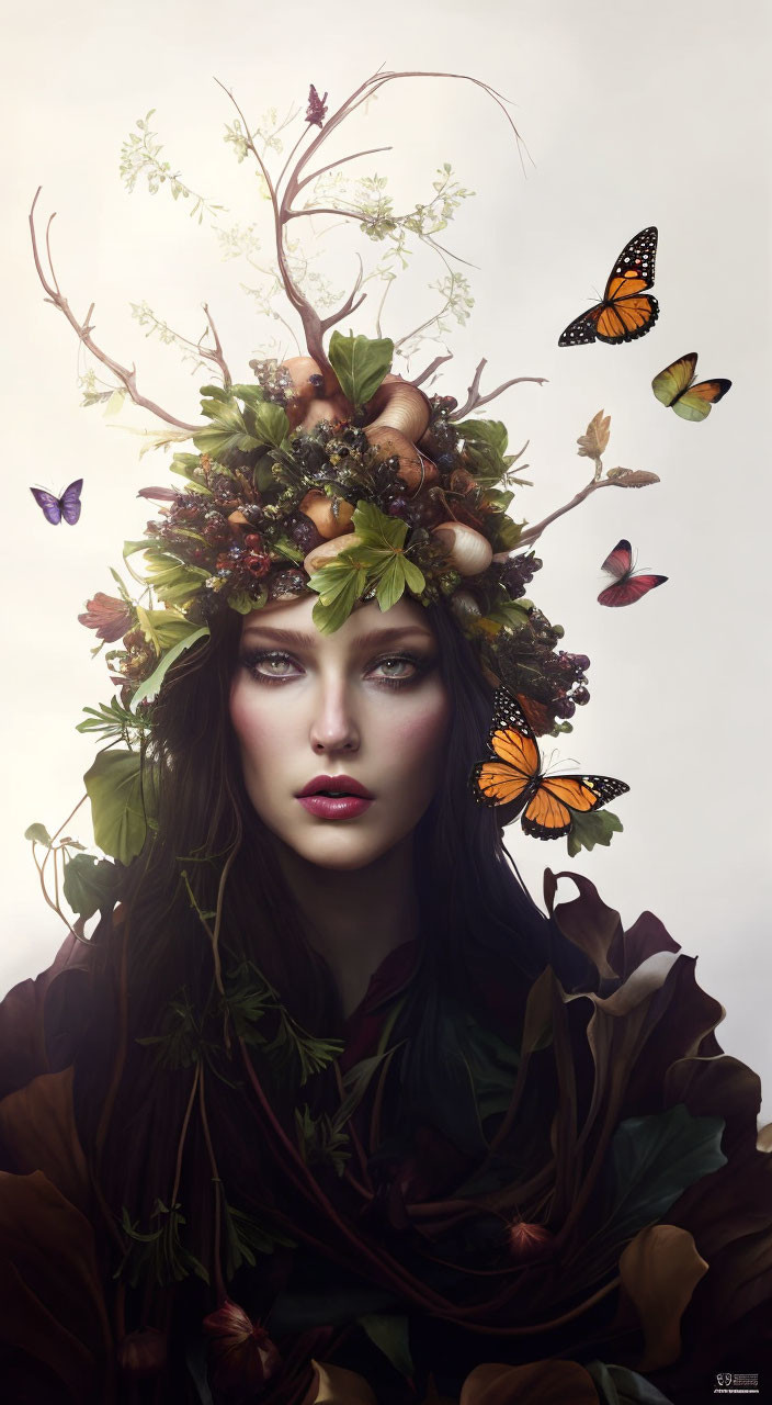 Woman with decorative wreath surrounded by butterflies on light background