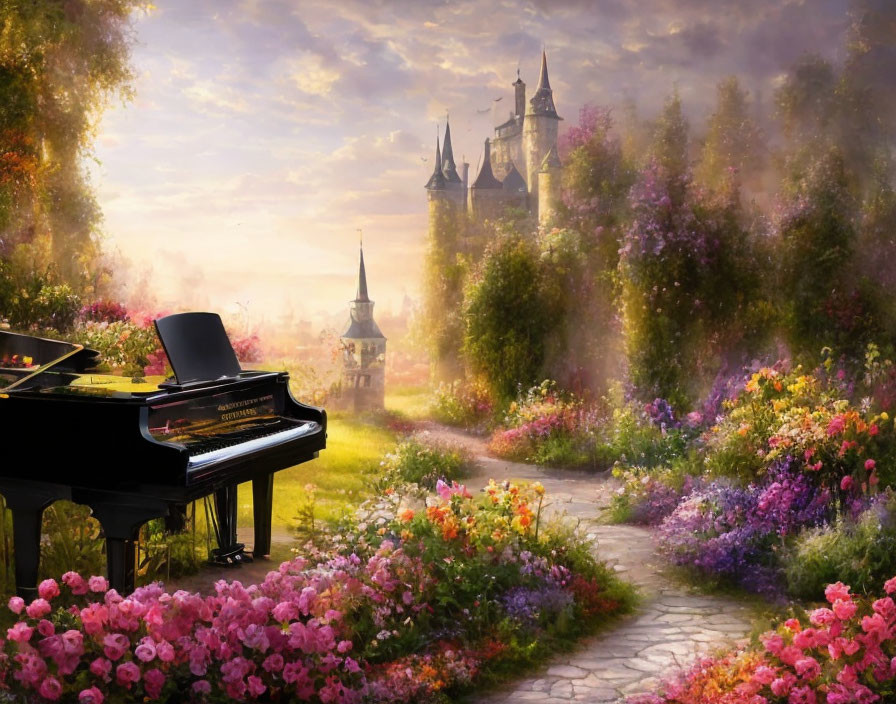 Grand piano in vibrant garden with path to fairy-tale castle under golden-lit sky