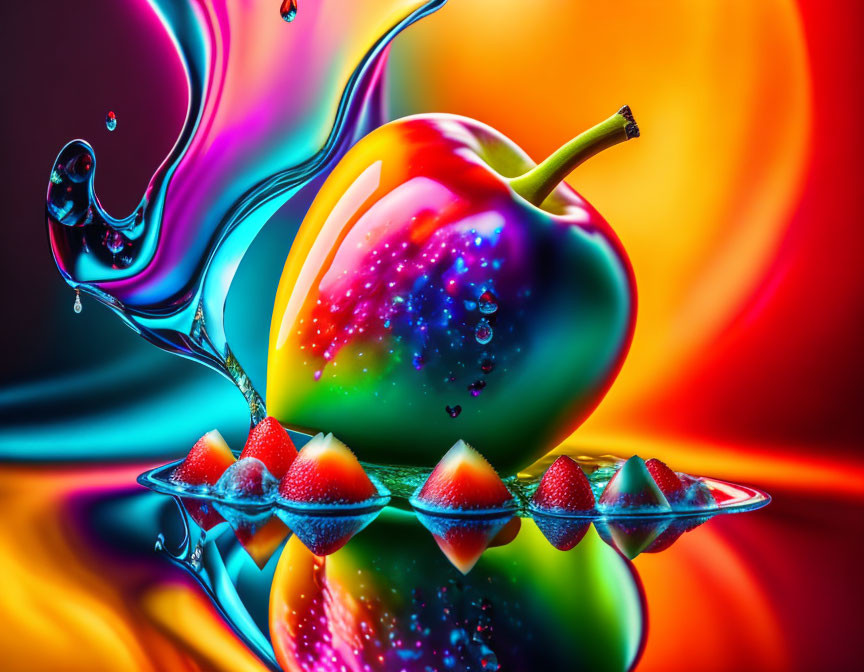 Colorful surreal bell pepper and strawberries artwork with liquid splashes on fiery background