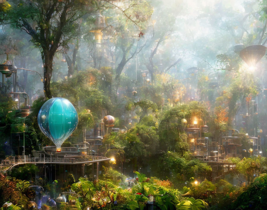 Futuristic forest scene with sunlight, platforms, and airships