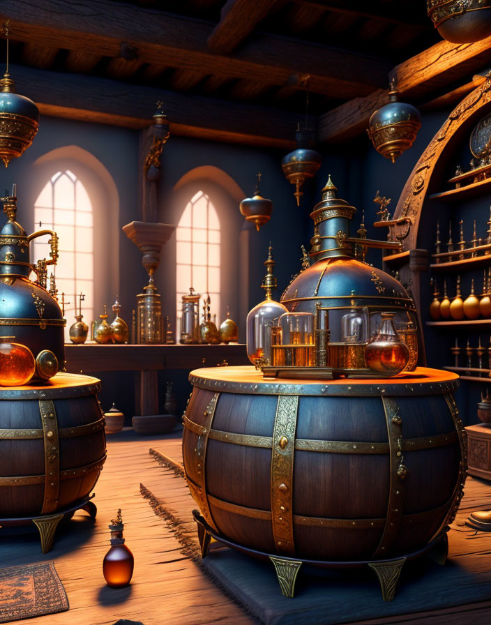 Steampunk-style interior with wooden barrels and glowing orbs