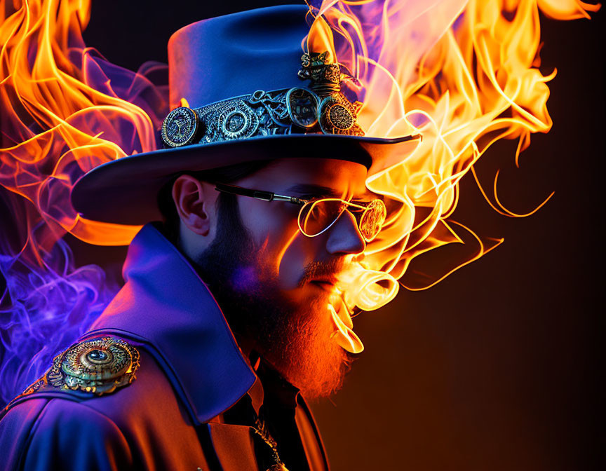 Man in Decorated Hat and Glasses Surrounded by Flames on Dark Background