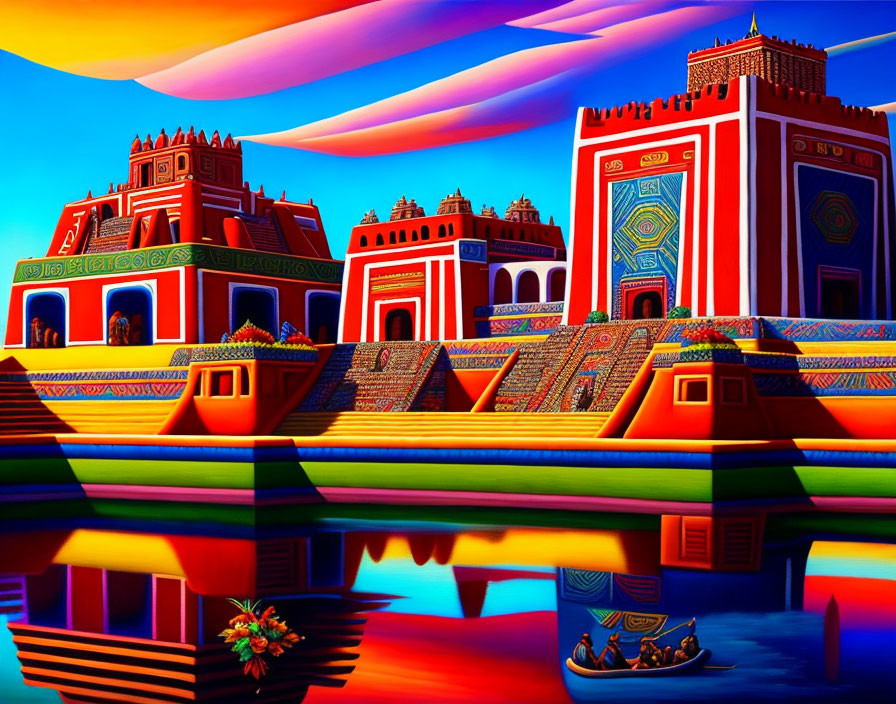 Colorful surreal landscape with Aztec-like pyramids, vibrant sky, calm water reflection, boat,