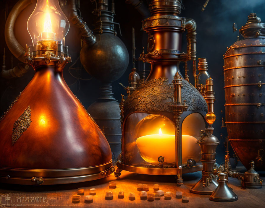 Steampunk-inspired apparatus with glowing candle and intricate metalwork