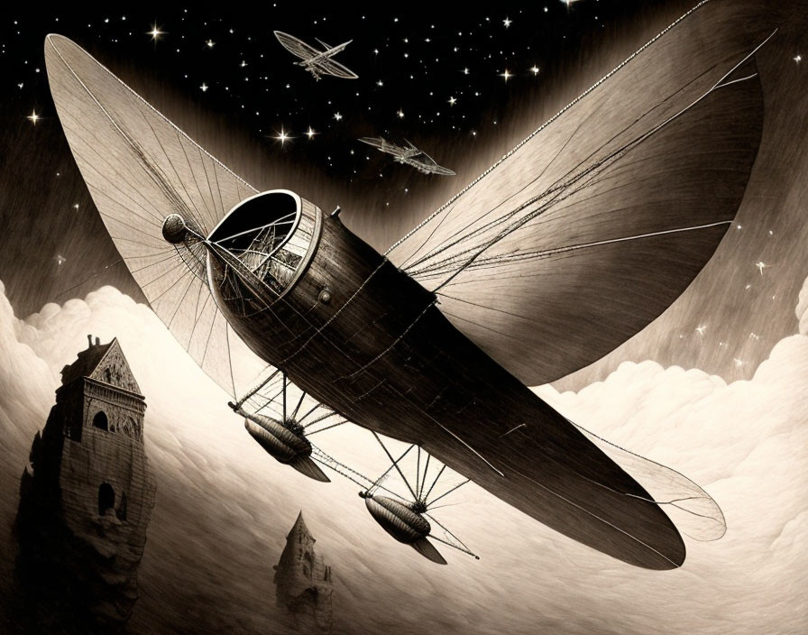 Monochrome fantasy artwork: dirigible flying among stars and cloud-covered castle towers