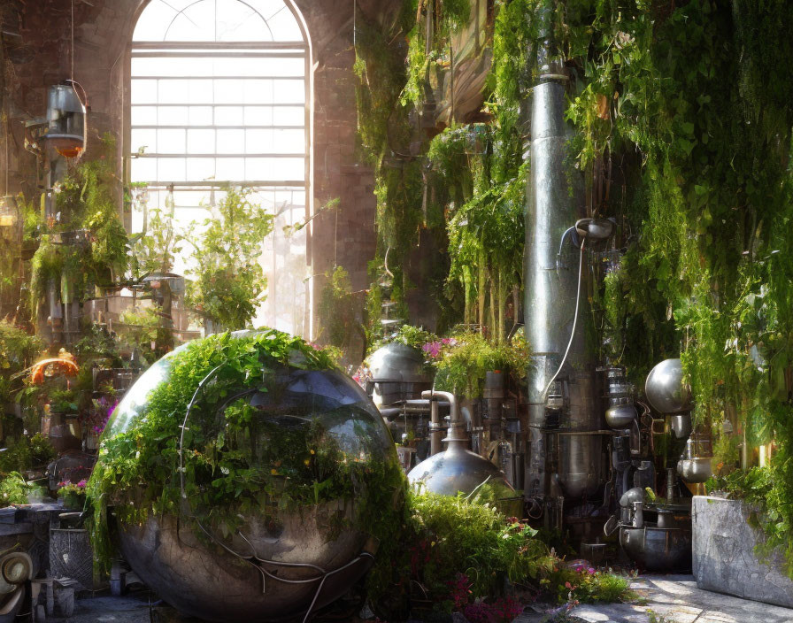 Overgrown industrial greenhouse with lush vegetation and metal distillation apparatuses