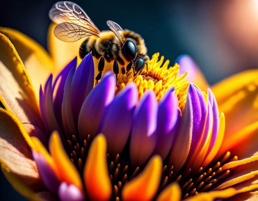 Bee pollinating vibrant purple and orange flower details