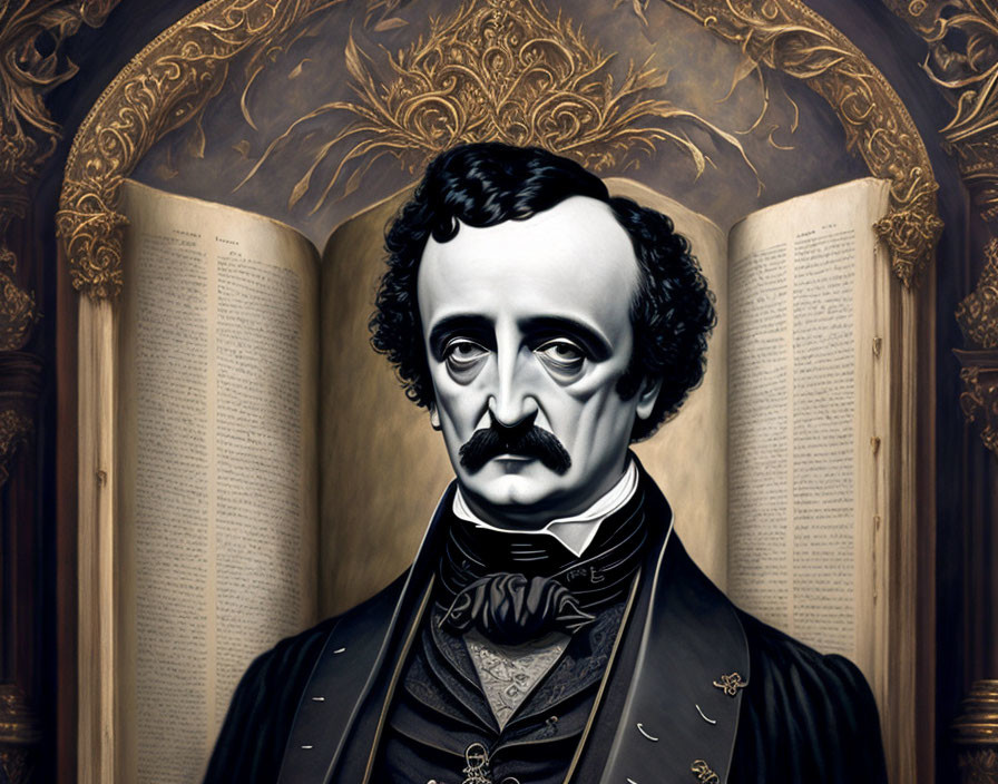 Stylized portrait of man with mustache in 19th-century attire against book and arch backdrop